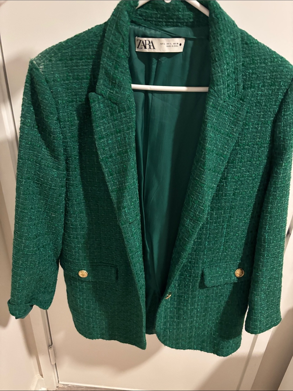 ZARA Emerald Green Tweed Blazer with Gold Buttons